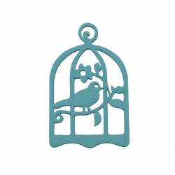 Hand Carved Wood Bird in Cage Pendant Teal 32x50mm PK1