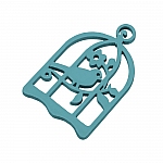Hand Carved Wood Bird in Cage Pendant Teal 32x50mm PK1