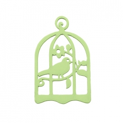 Green Hand Carved Wood Bird in Cage Pendant 32x50mm PK1