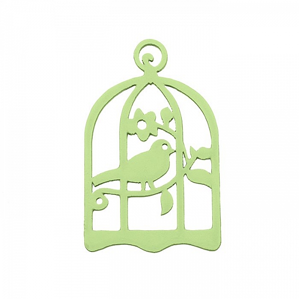 Green Hand Carved Wood Bird in Cage Pendant 32x50mm PK1