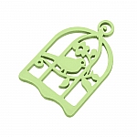 Green Hand Carved Wood Bird in Cage Pendant 32x50mm PK1