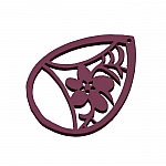 Carved Wood Flower Teardrop Pendant Maroon 38x52mm PK1
