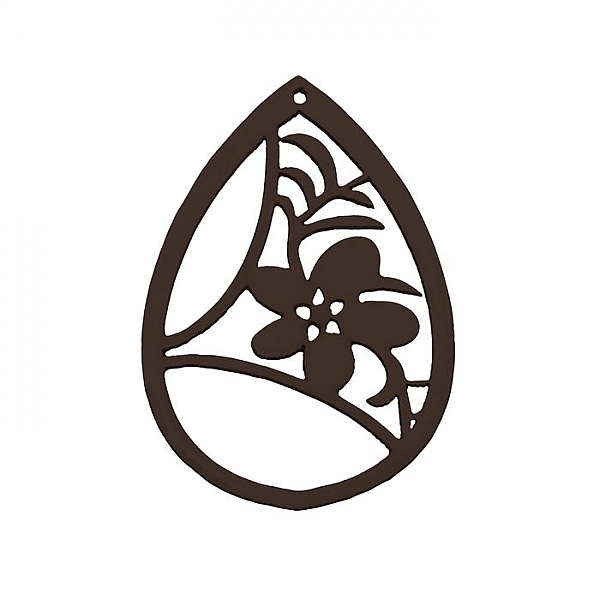 Carved Wood Flower Teardrop Pendant Black 38x52mm PK1
