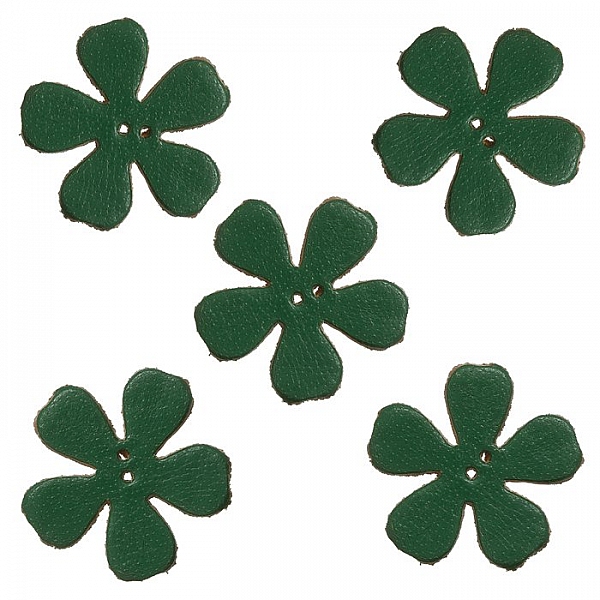 Green Leather Flower Die Cut 2 Hole Charms 25mm (PK5)