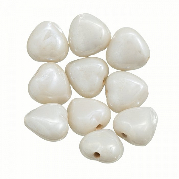 Shiny Ivory Pearl Luster Glass Heart Beads 13mm PK10