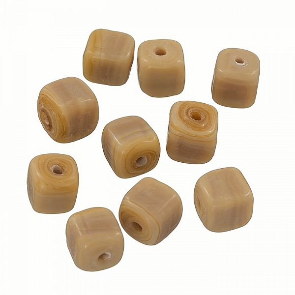 Handmade Cube Glass Bead Shiny Opaque Lt Brown 8mm PK10
