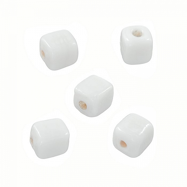 Shiny Opaque White 7mm Glass Cube Beads 2mm Hole (PK5)