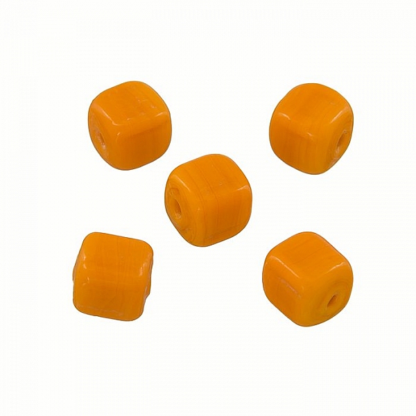 Opaque Orange Shiny 7mm Glass Cube Beads 2mm Hole (PK5)