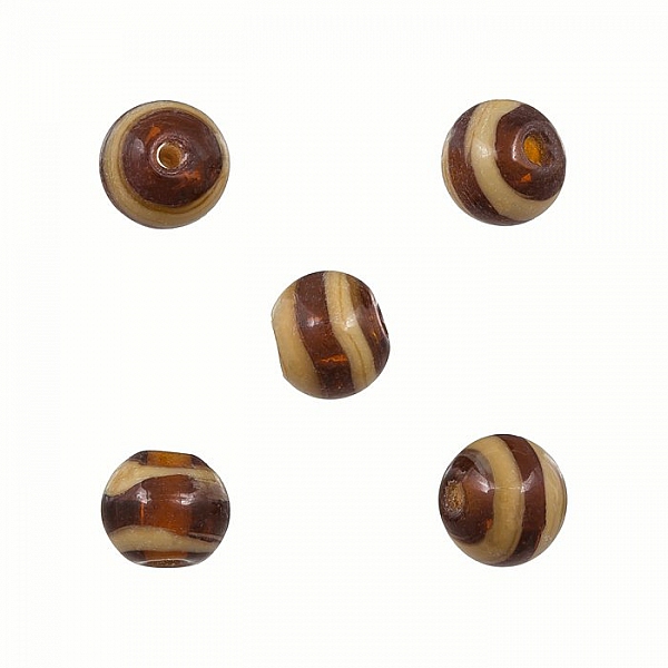 Brown and Beige Striped Round Glass Beads 8mm (PK5)
