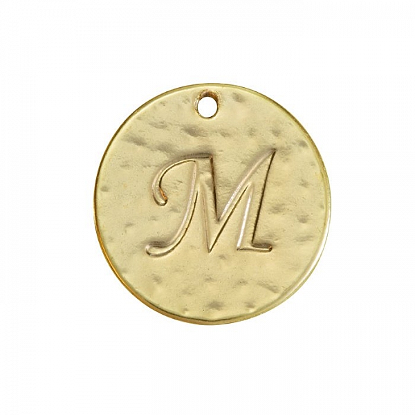 Letter 'M' Disc Charm Pendant 15mm Matte Gold Plated PK1