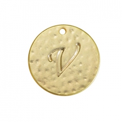 Letter 'V' Disc Charm Pendant 15mm Matte Gold Plated PK1
