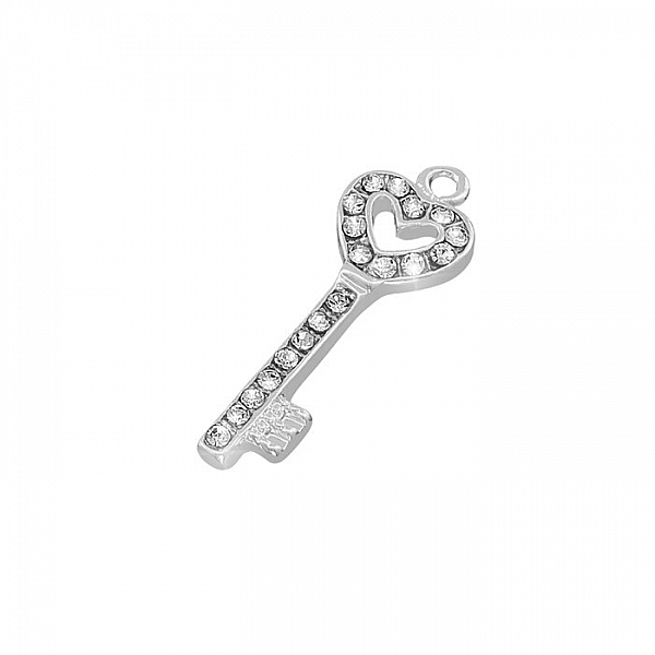 Glass Encrusted Heart Key Charm Silver Plated 28x10x3mm