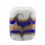 White Rectangle Glass Beads Blue/Gold Print 18x15mm PK3