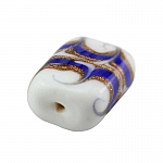 White Rectangle Glass Beads Blue/Gold Print 18x15mm PK3