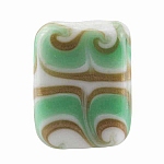 White Rectangle Glass Beads Green/Gold Pattern 18x15mm