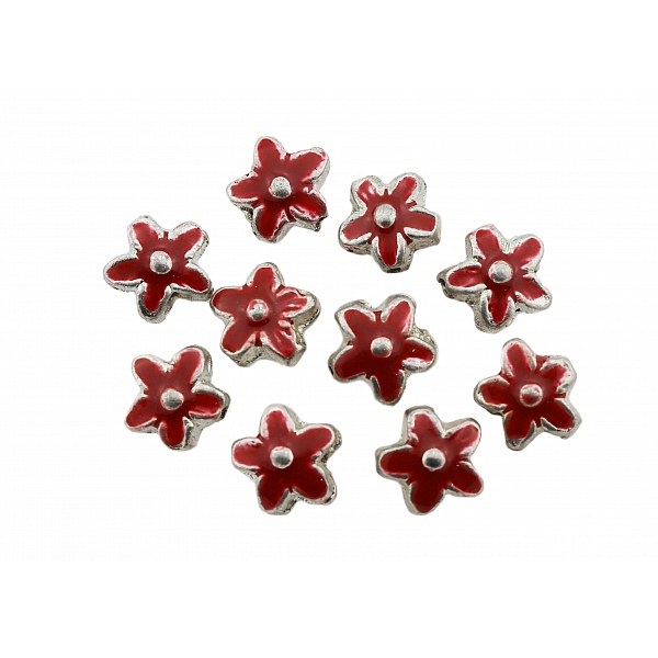Red Enamelled Silver Metal Flower Beads 15mm PK10