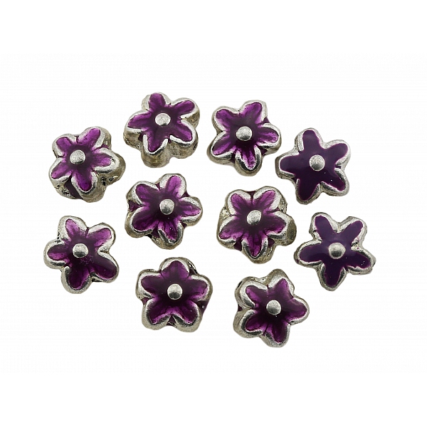 Purple Enamelled Silver Metal Flower Beads 15mm PK10