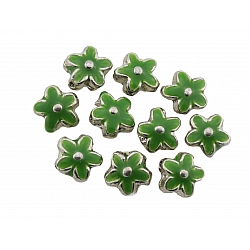 Silver Metal Flower Beads Enamelled Green 15mm PK10