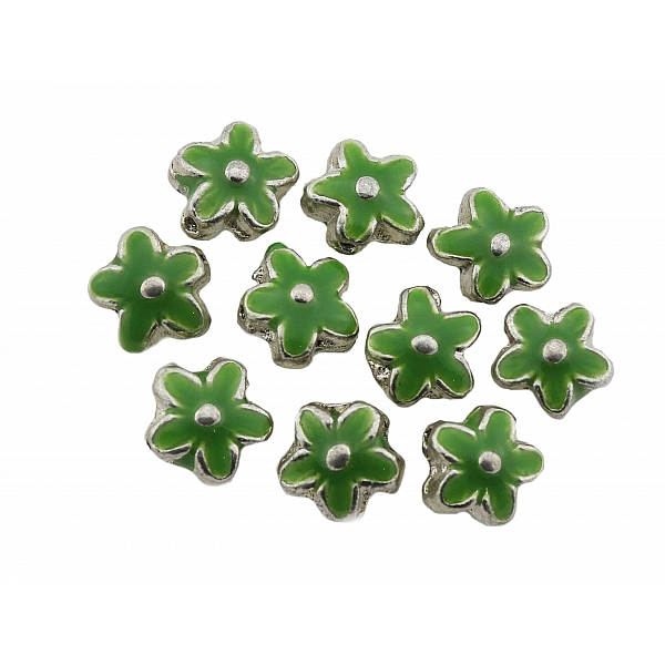 Silver Metal Flower Beads Enamelled Green 15mm PK10
